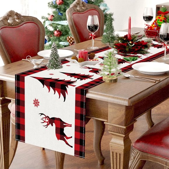 72'' Red Black Buffalo Plaid Christmas Deer Trees Snowflakes Table Runner - Picture 6 of 8